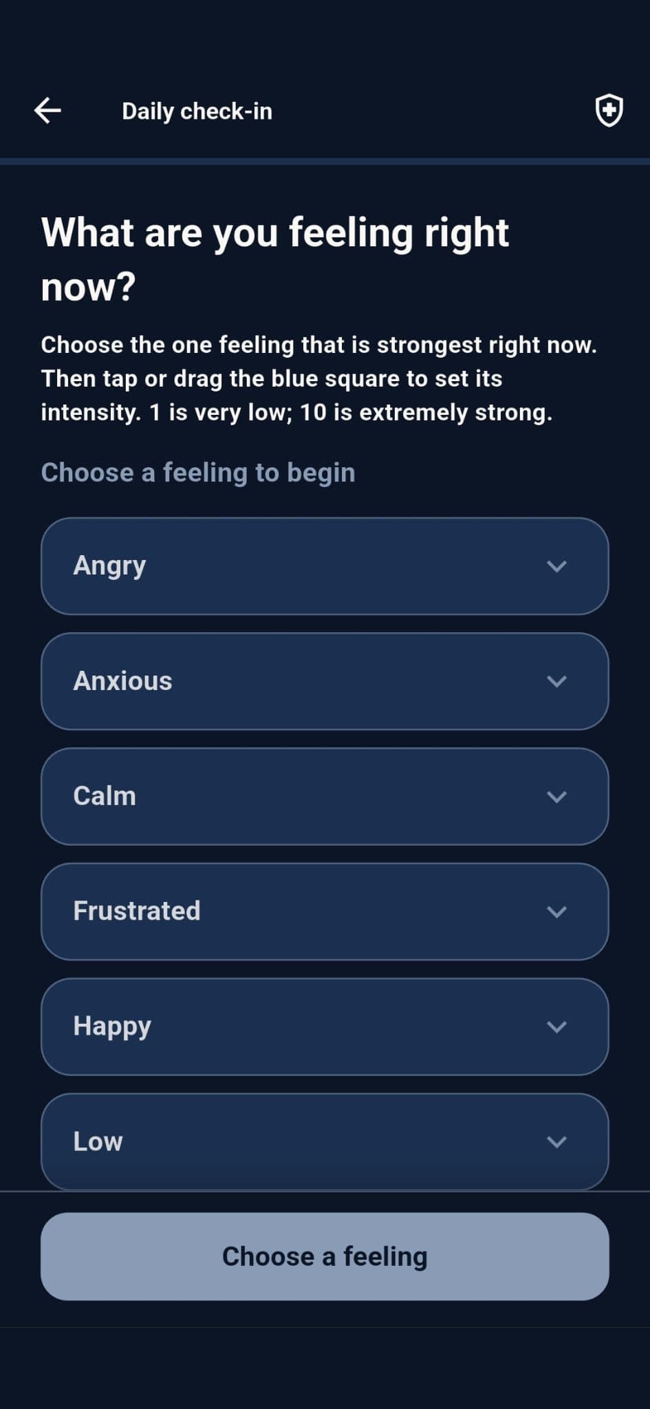 The app asking what you are feeling right now, with feelings to choose from
