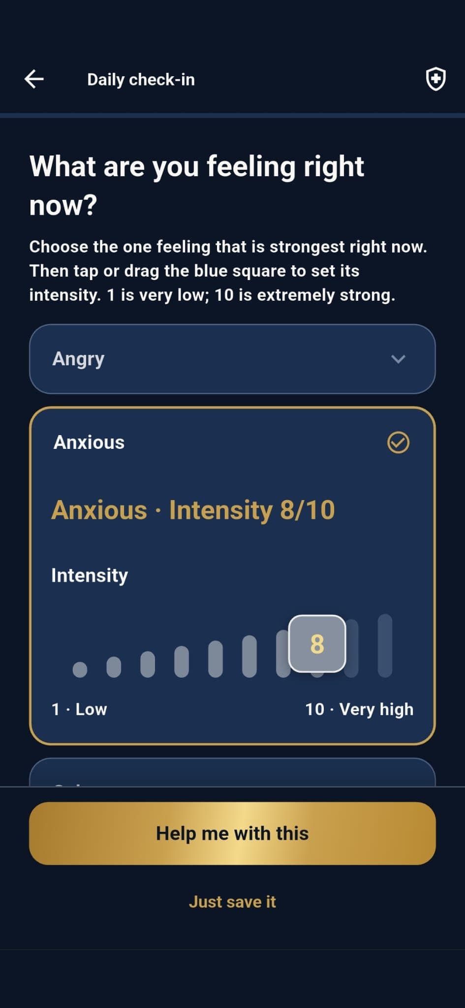 Anxious rated eight out of ten, with a button asking for help