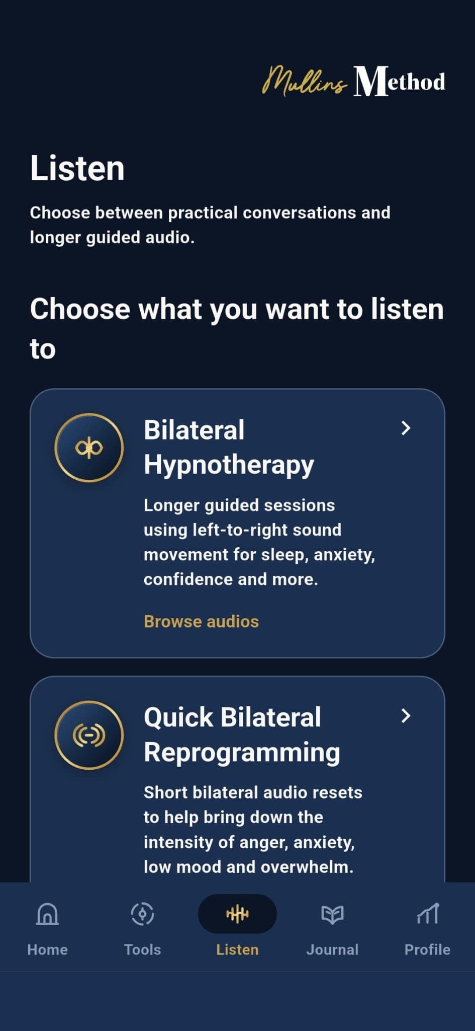 The Listen section, with guided audio sessions