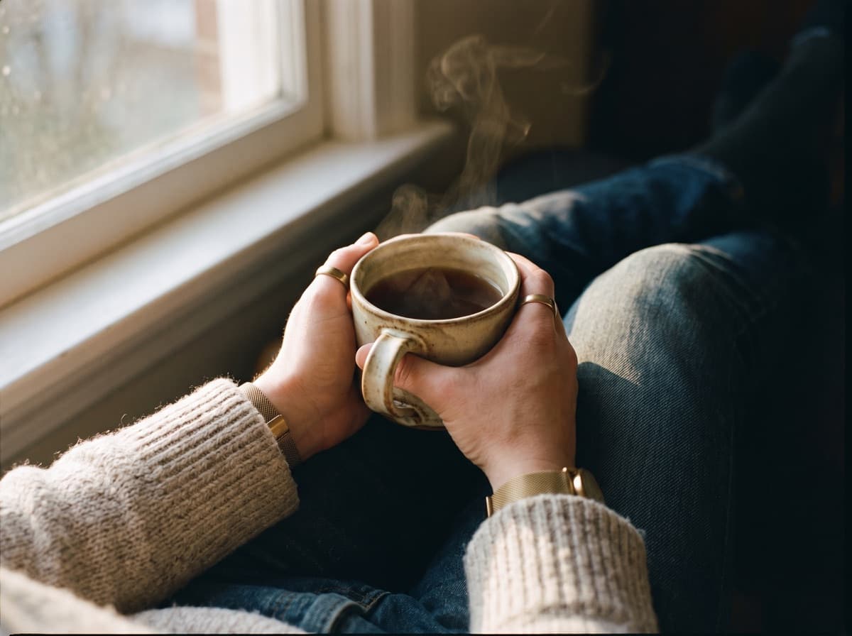 Hands around a warm mug in afternoon light