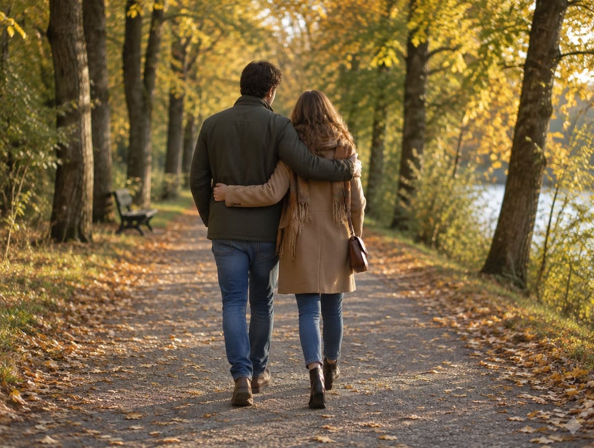 A couple walking side by side along a tree-lined autumn path