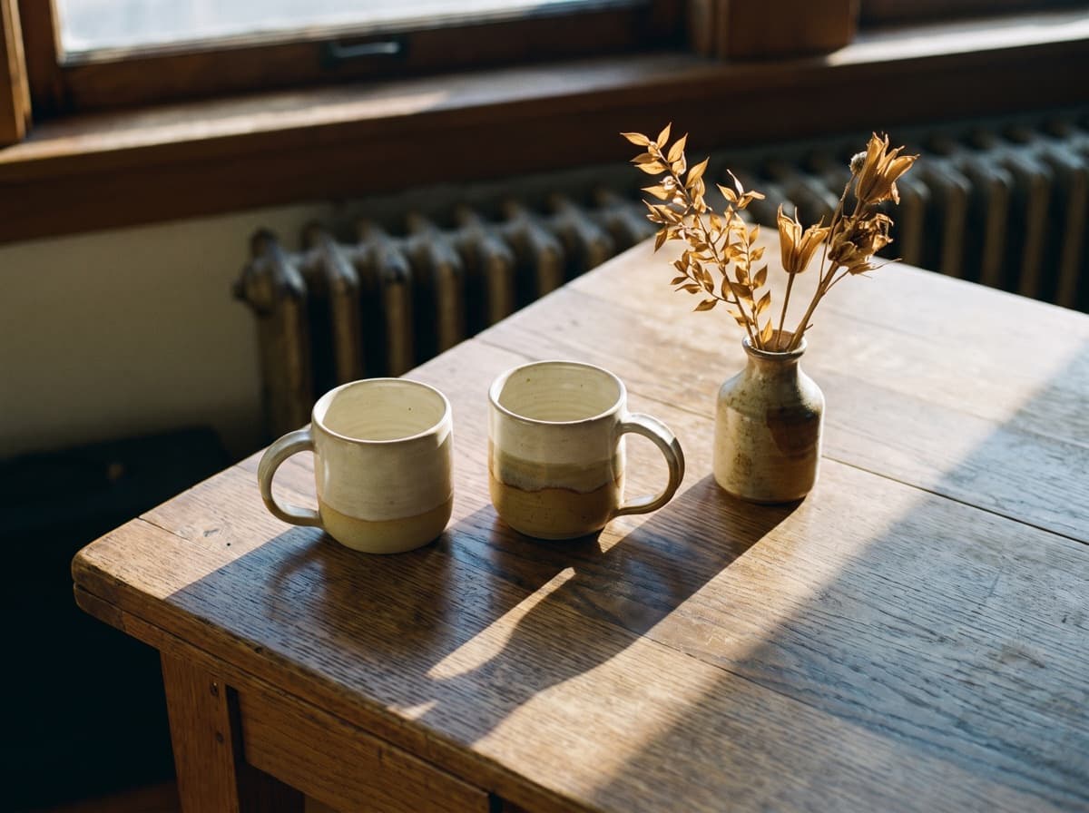 Two mugs on a table in afternoon light