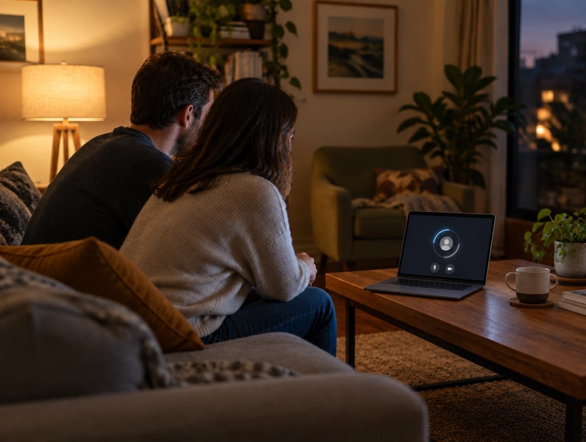 A couple on a sofa in the evening, a video call connecting on the laptop in front of them