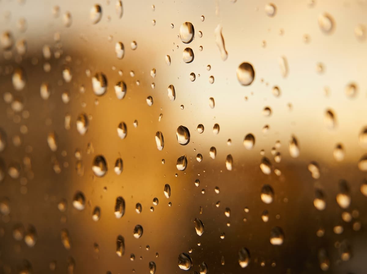 Rain on a window with warm lamplight inside