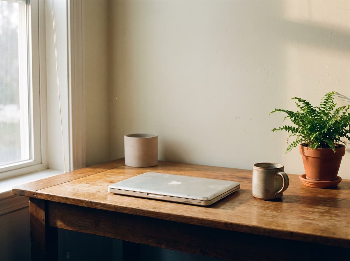 A laptop closed on a desk in afternoon light