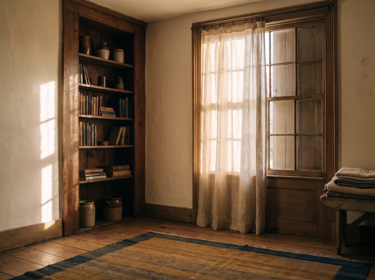 Late afternoon light through a window, laid across a quiet room