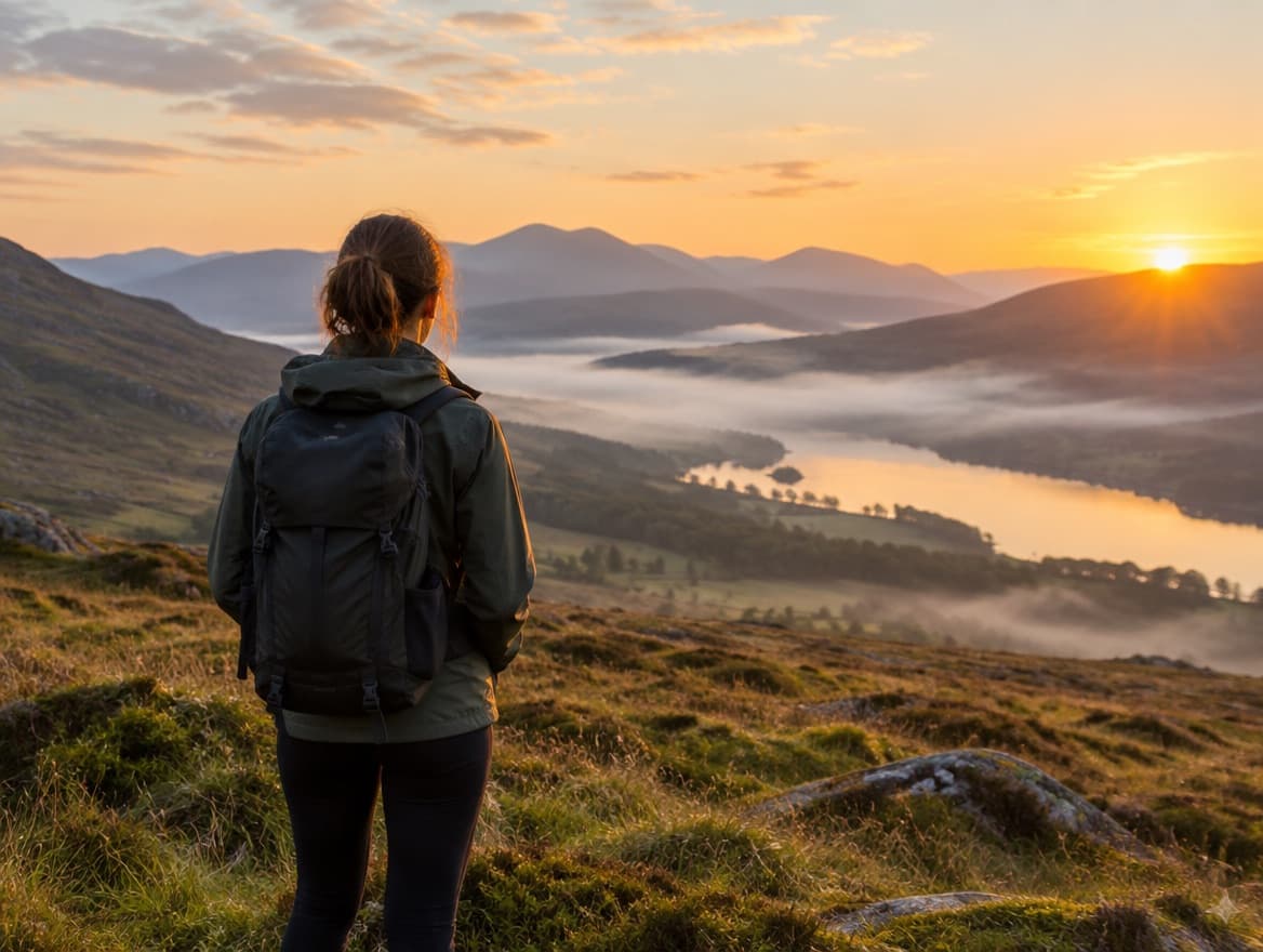 A person standing on a hillside at sunrise, looking out over a misty valley