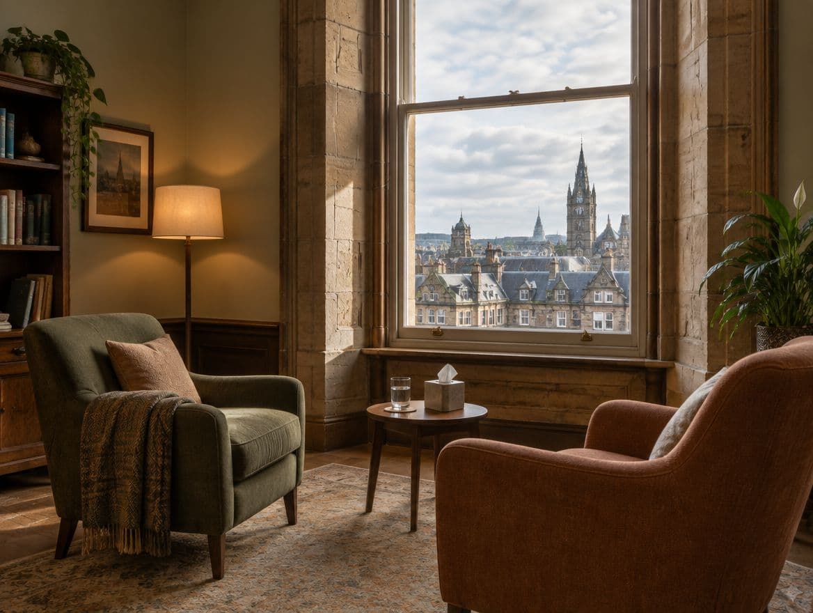 A consulting room with a tall sandstone window onto city rooftops