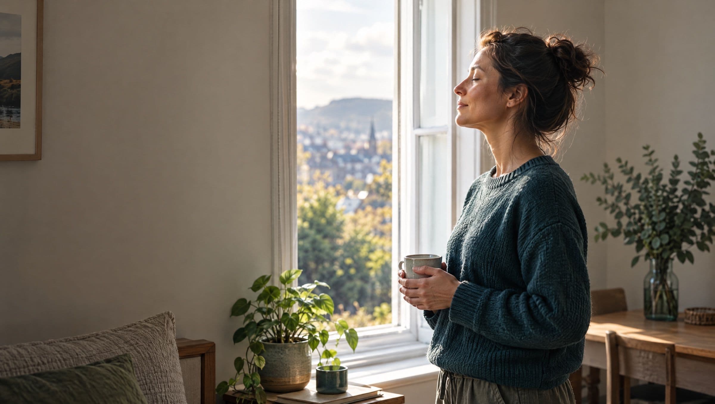A woman standing by a bright window at home holding a mug, eyes closed, taking a slow calm breath, houseplants around her.