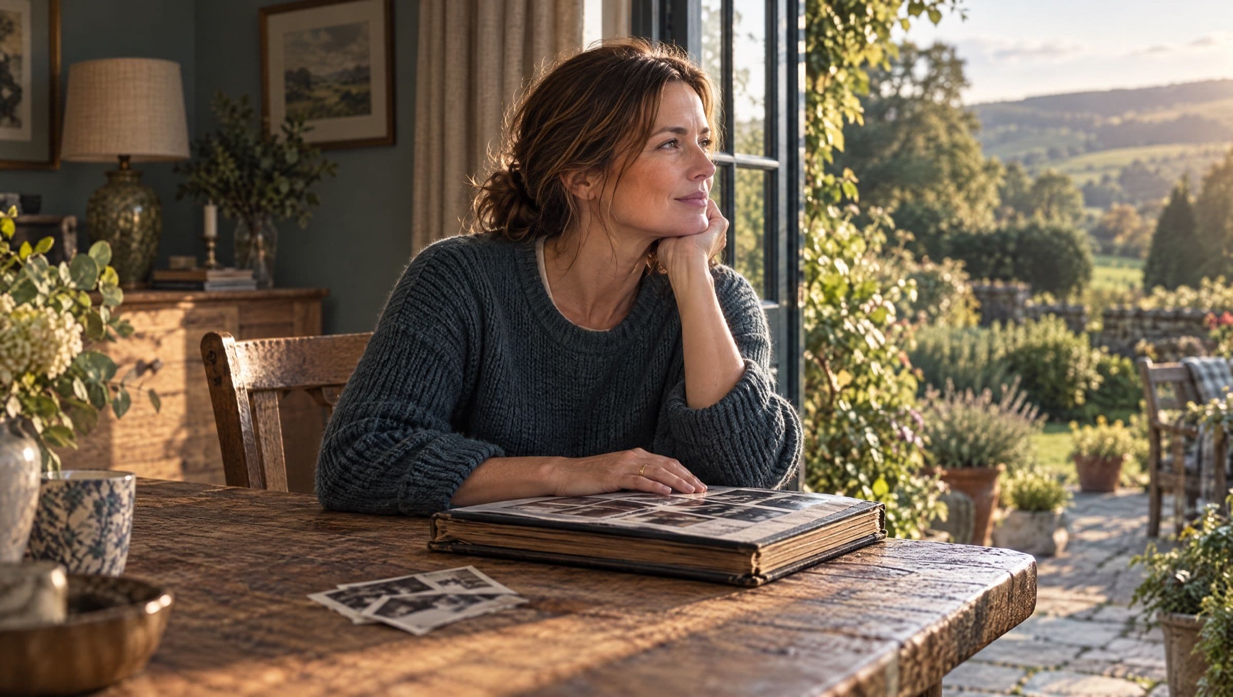 A woman in her forties at a wooden table by an open garden door, chin on hand, an open photo album in front of her, looking out at the garden.