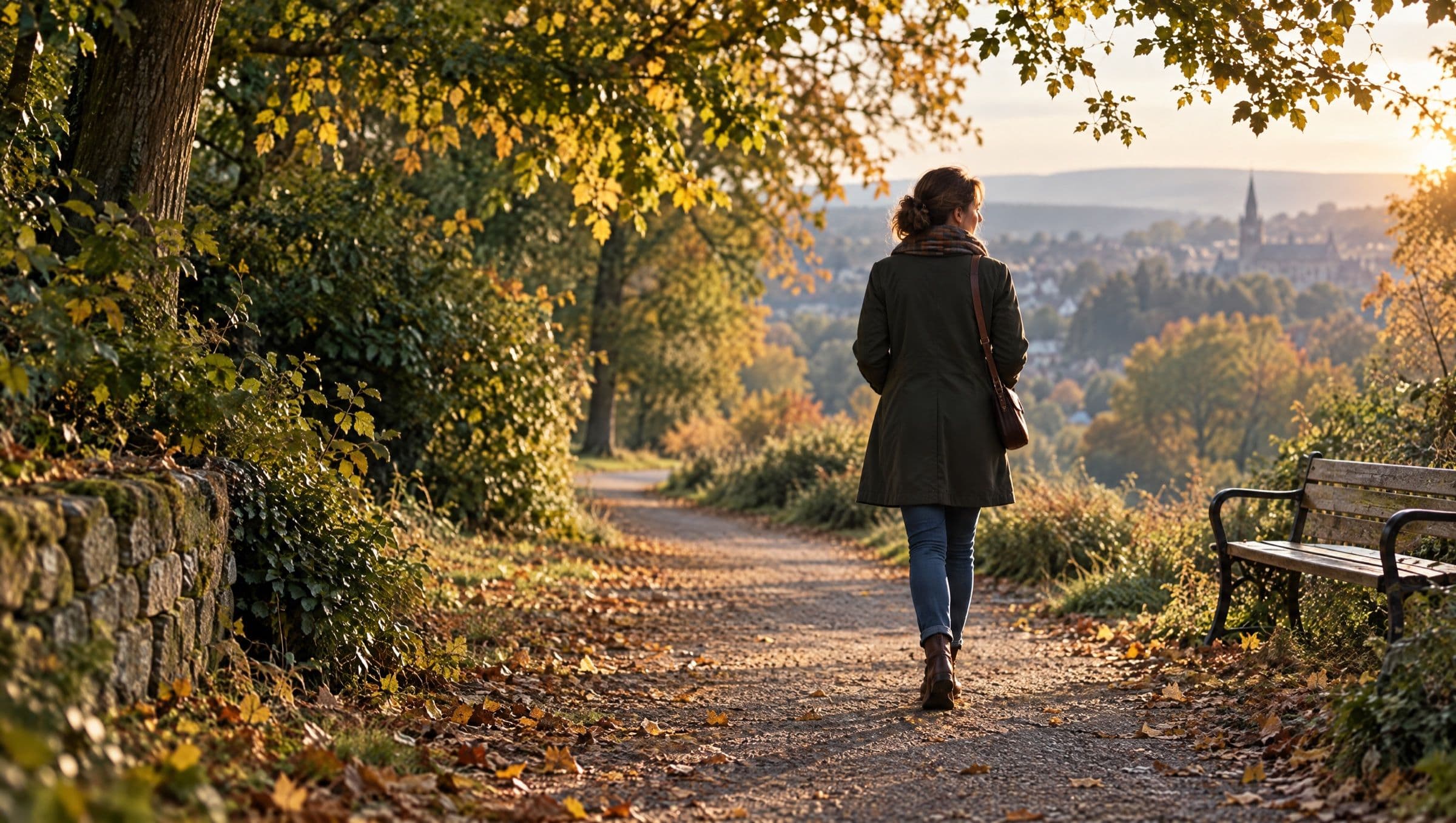 A woman seen from behind walking away down a leaf-strewn autumn park path, low sun backlighting the trees, an empty bench in the foreground.