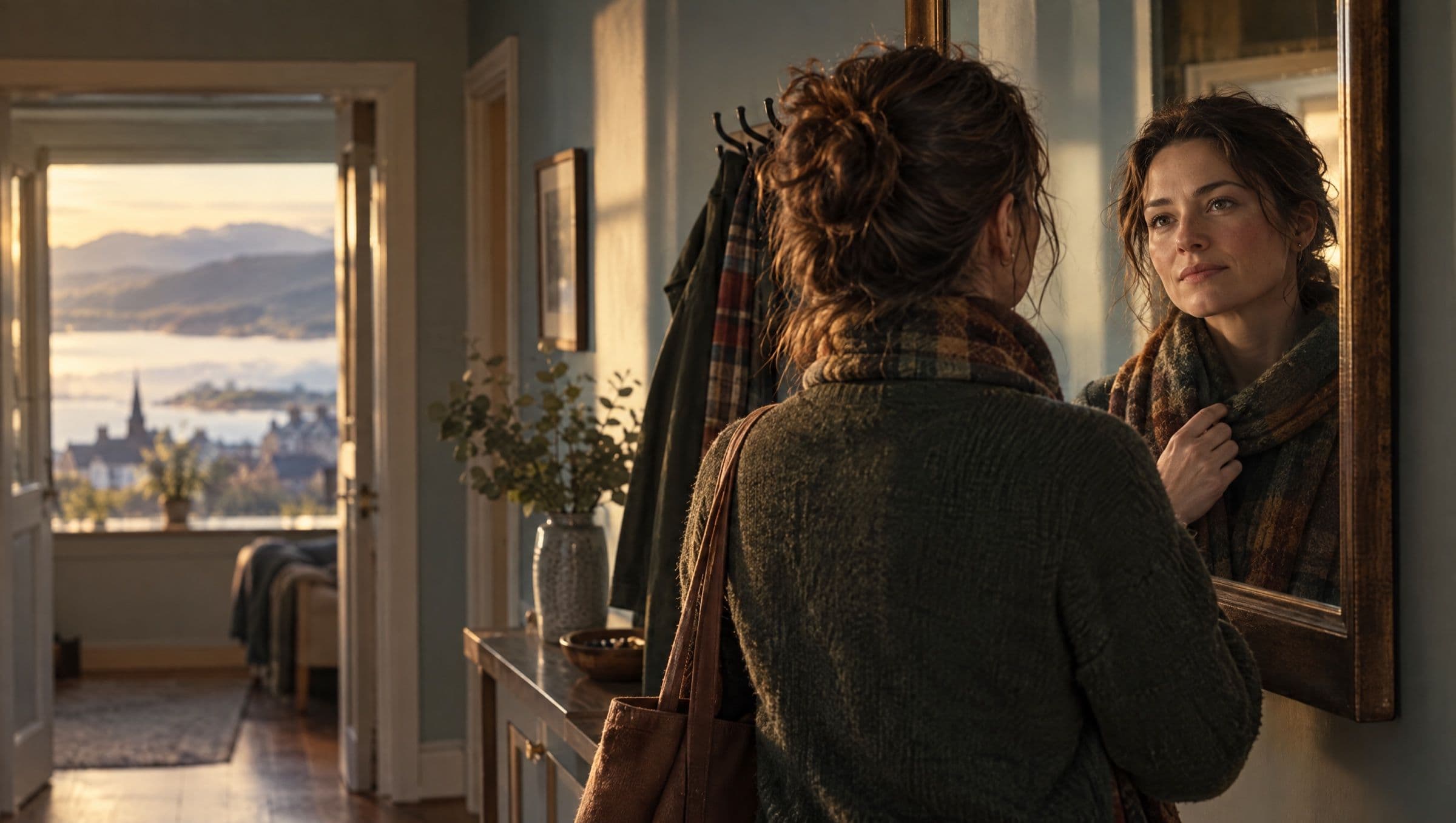 A woman looking at her reflection in a hallway mirror before leaving the house, a thoughtful, honest expression.