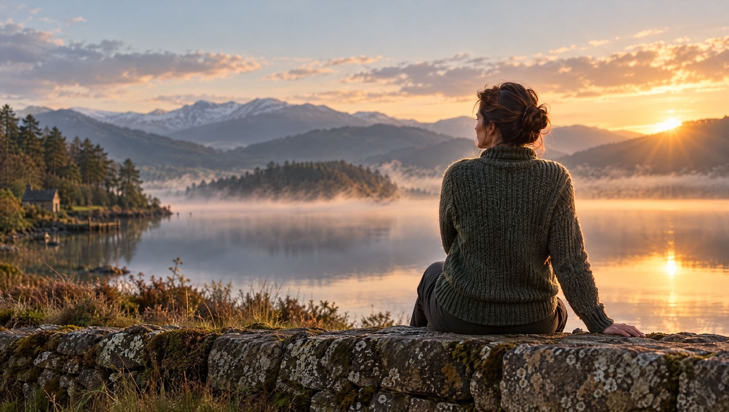 A woman seen from behind sitting on a low stone wall by a misty loch at sunrise, mountains beyond, warm sun glow on the water.