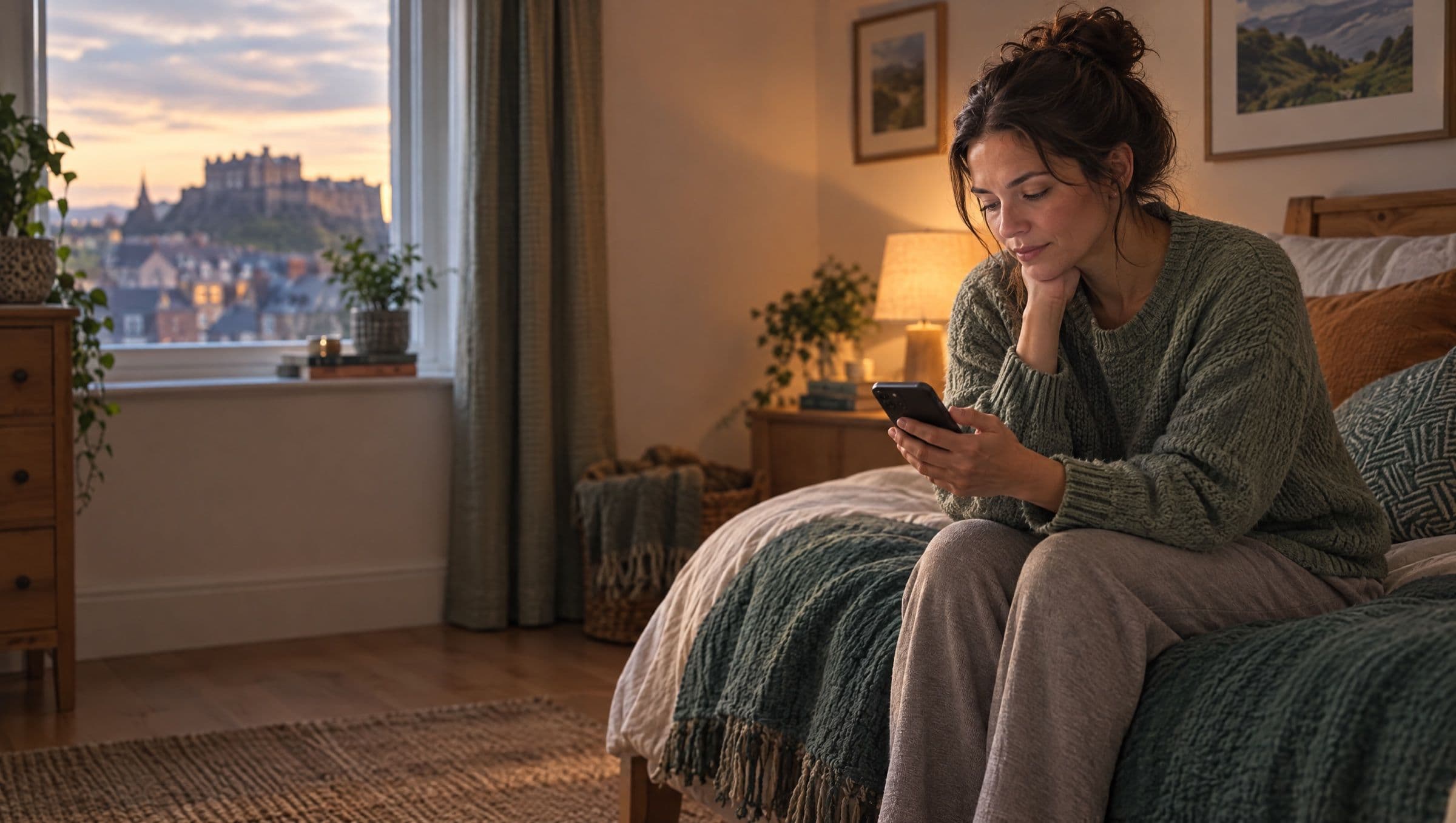 A woman sitting alone on the edge of a bed at dusk, looking thoughtfully at her phone, soft lamp light.