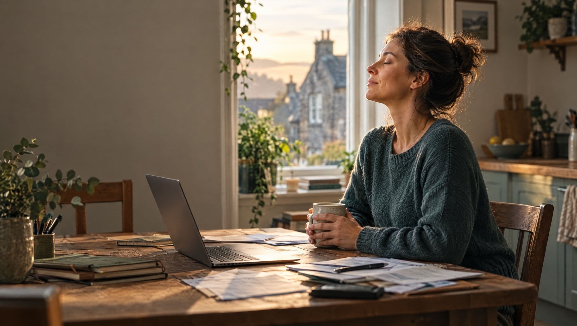 A woman at a kitchen table with a laptop and paperwork, pausing to close her eyes and breathe, evening light.