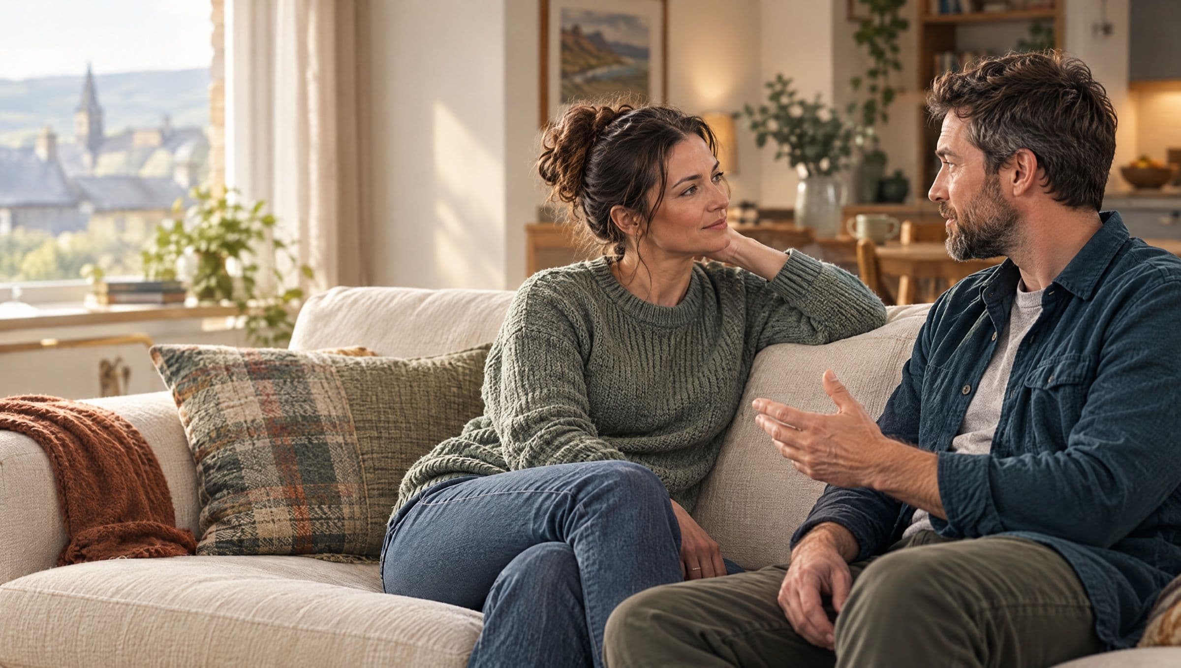 A couple sitting face to face on a cream sofa at home, in open, earnest conversation, one gesturing gently.