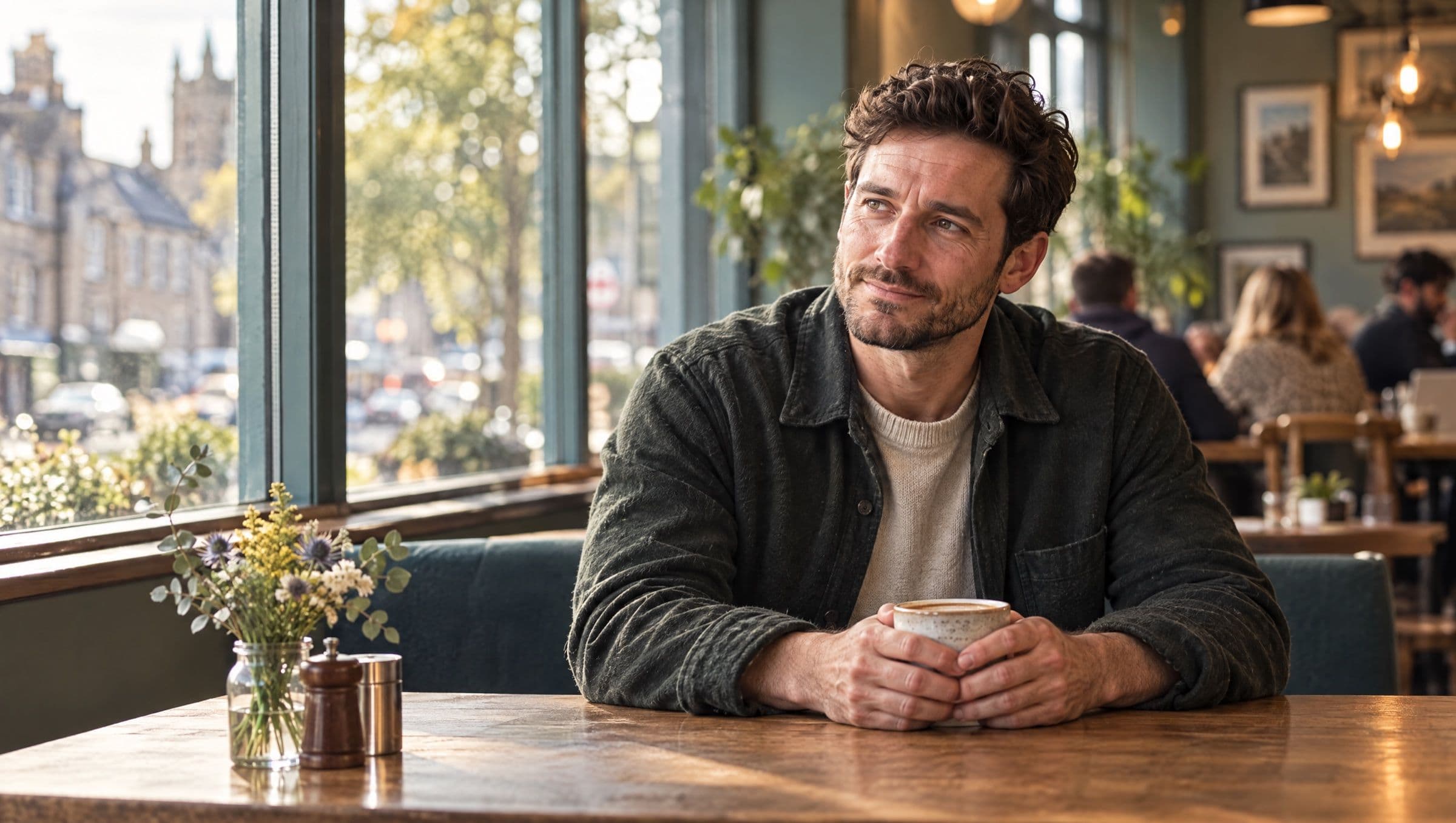 A man in his thirties in a busy café, hands clasped round a coffee cup, smiling and looking away.