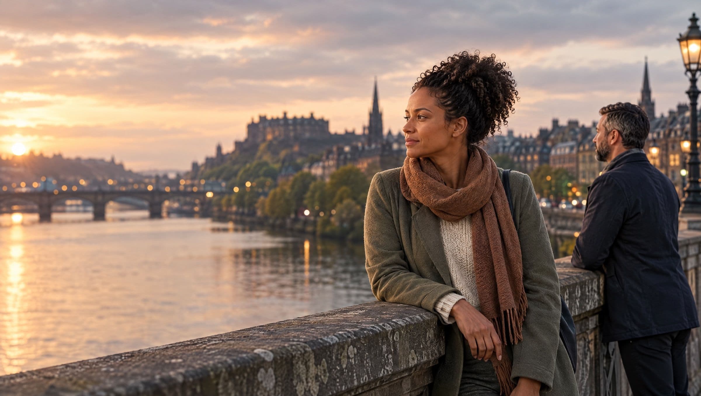 A couple standing apart on a city bridge at dusk, one looking at the river, the other at the city lights.