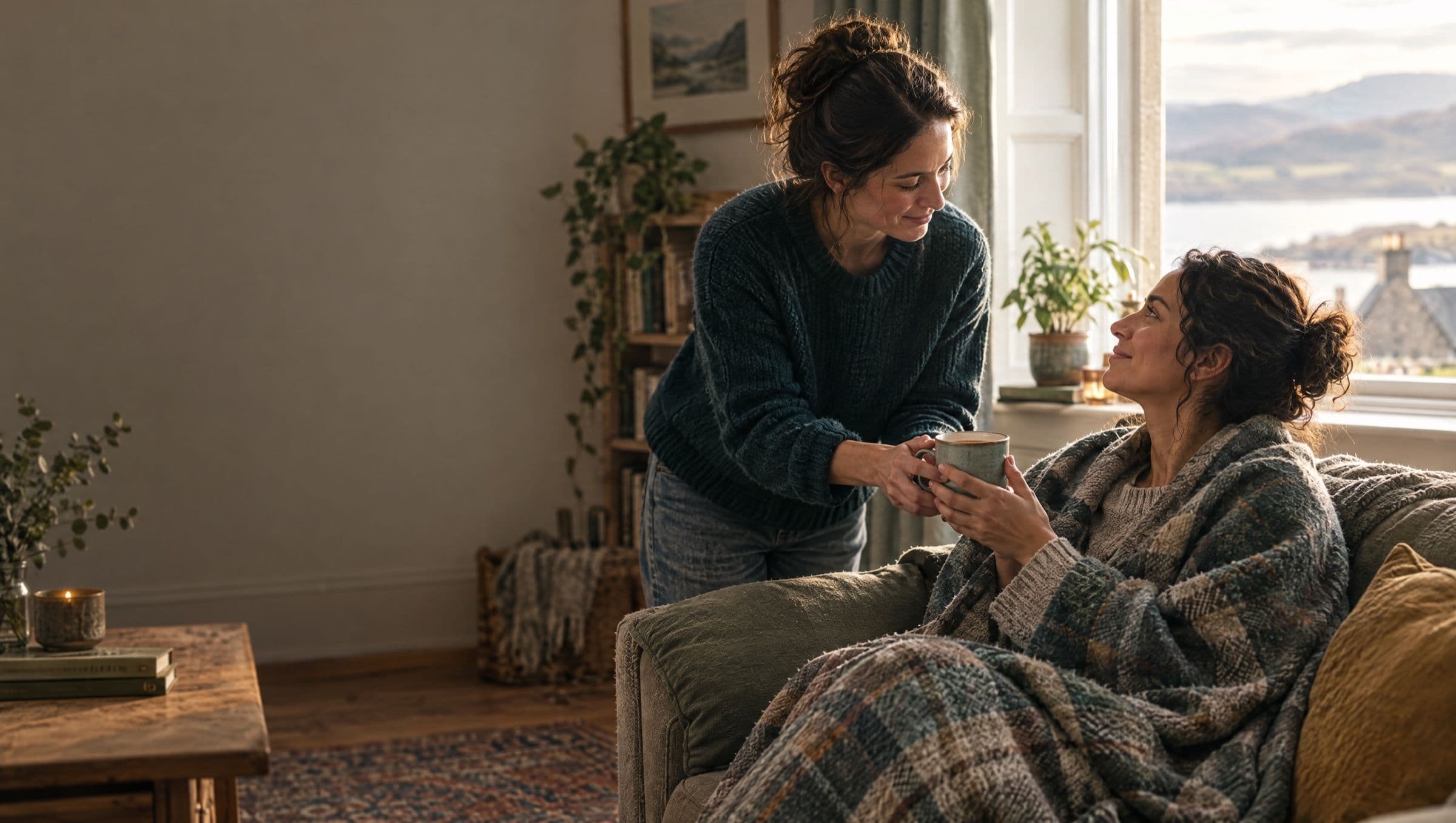 A friend passing a warm mug of tea to another friend wrapped in a blanket on a sofa, gentle support.