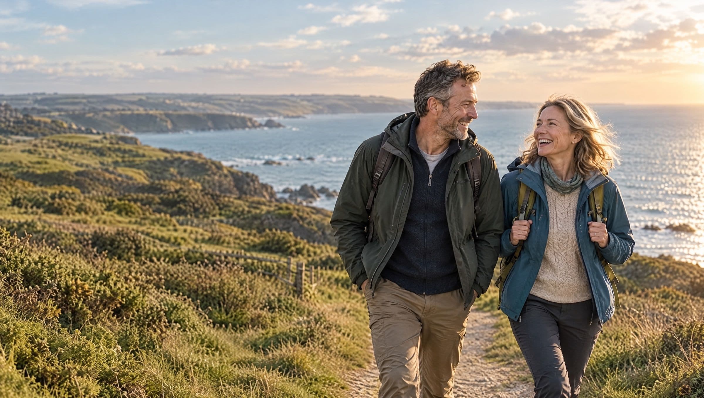 A man and woman in their fifties walking a sunny coastal cliff path, laughing together, sea and wide sky behind.
